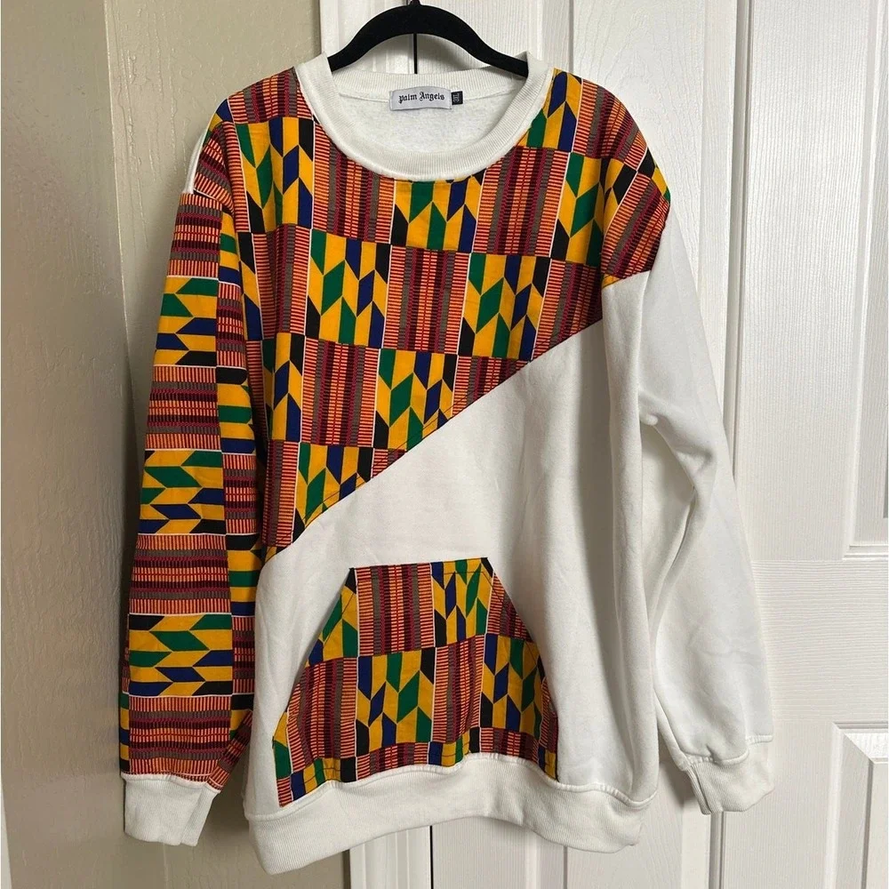 Palm‎ Angels OHEMAA Kente Print Colorblock Hoodie Sweatshirt 3XL White